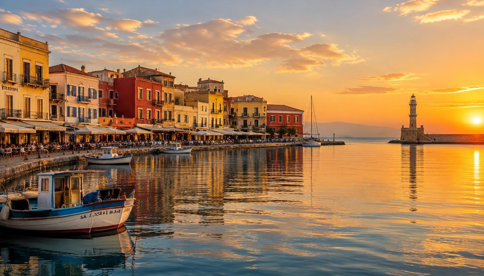 Venetianska hamnen i Chania på Kreta med färgglada hus och fyr i solnedgång