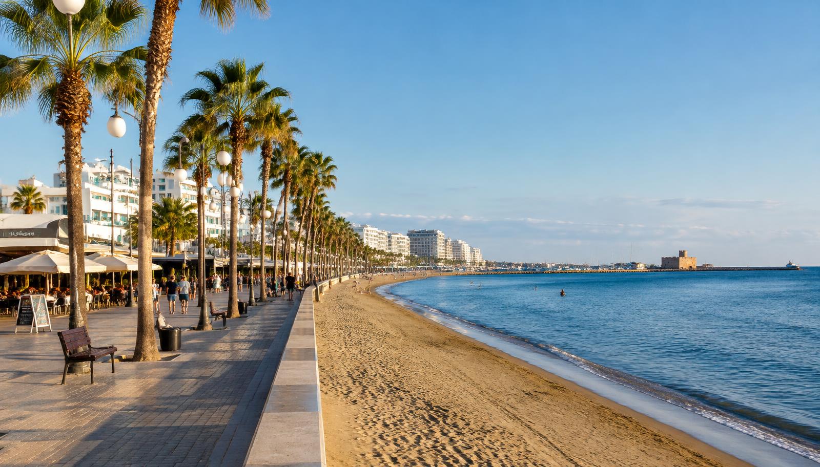 Palmkantad strandpromenad vid Finikoudes i Larnaca på Cypern