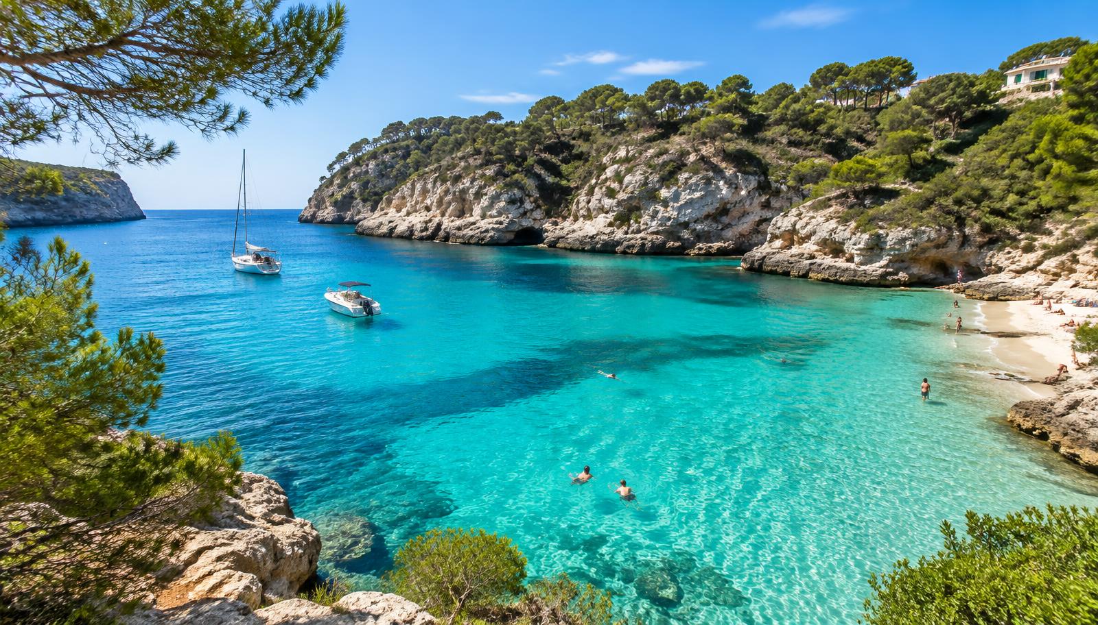 Vik på Mallorca med turkost vatten, tallar och kalkstensklippor