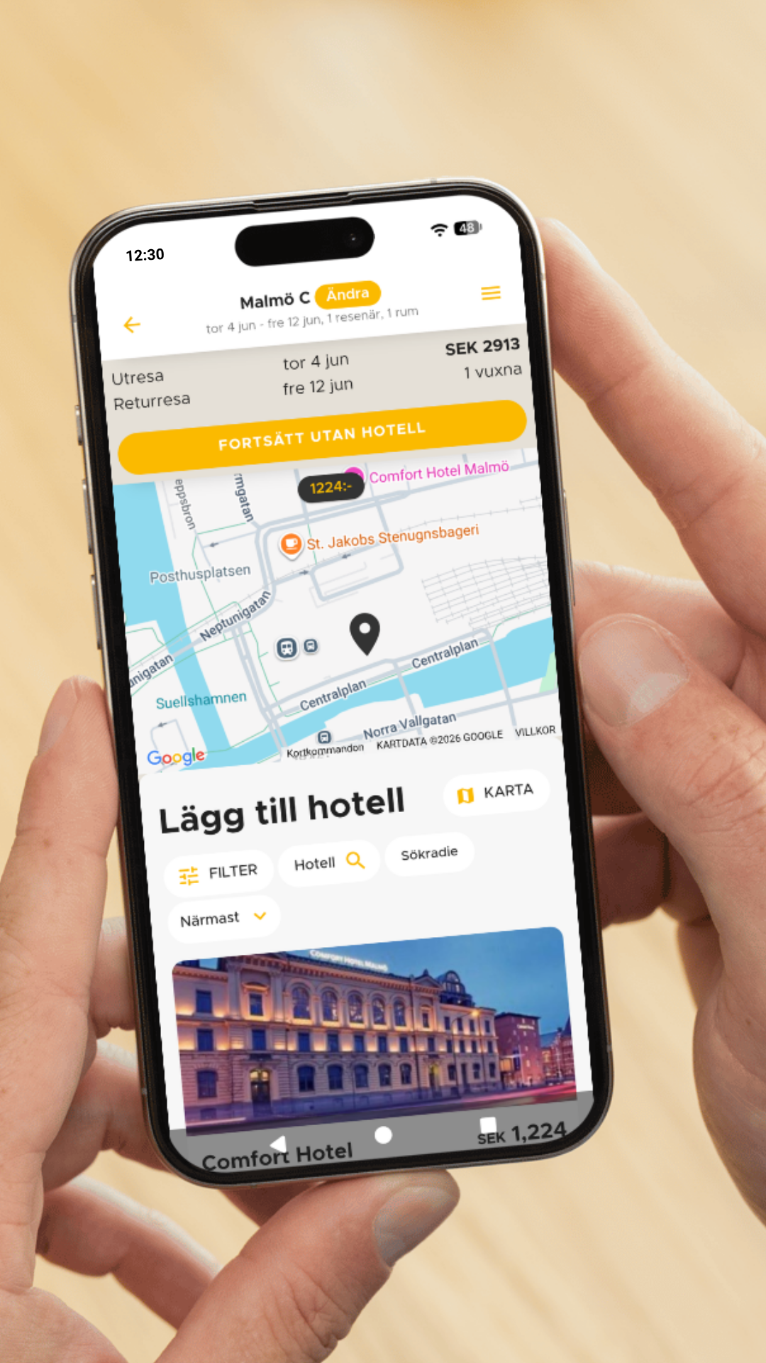 Resehusets självbokningssystem på en mobiltelefon